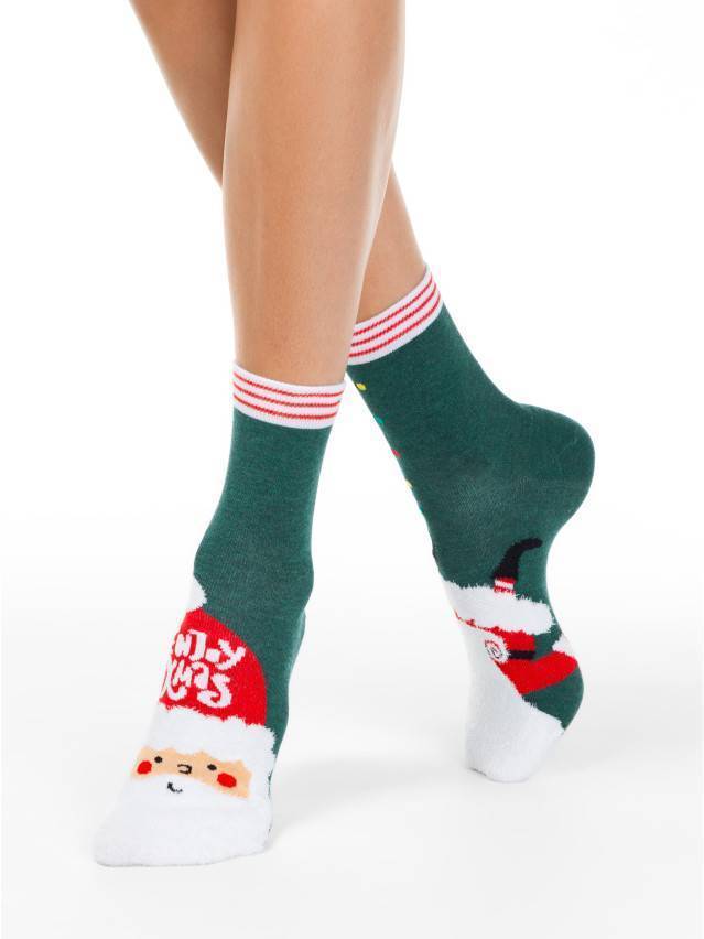 Жіночі шкарпетки з бавовни. Малюнки вивьязани з використаннн-ям обємної пушистої нітки, з новогодньою тематикою. - 1