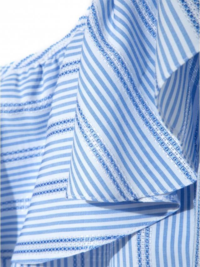 Блуза жіноча з текстильної тканини в смужку. Верх виробу фіксується на одне плече і оздоблений широким воланом. - 6