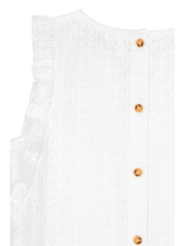 Блуза жіноча із текстильної ткані. Горловина кругла оброблена окантовкой застроченную на виворітну сторону. Застібка по спінкі на 5 - 6