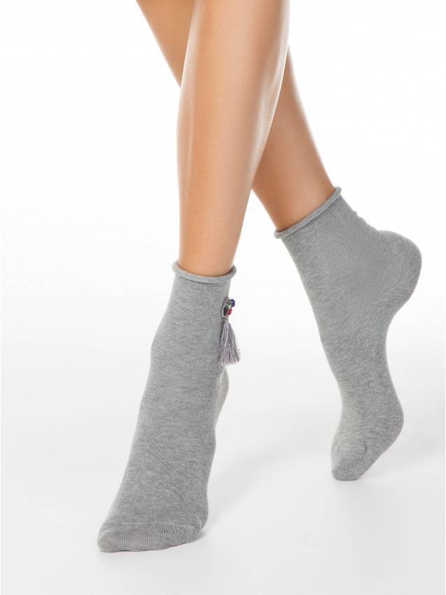 Подовжені фантазійні жіночі шкарпетки з бавовняної меланжевої пряжі, без резинки, з декоративними елементами, однотонні. - 1