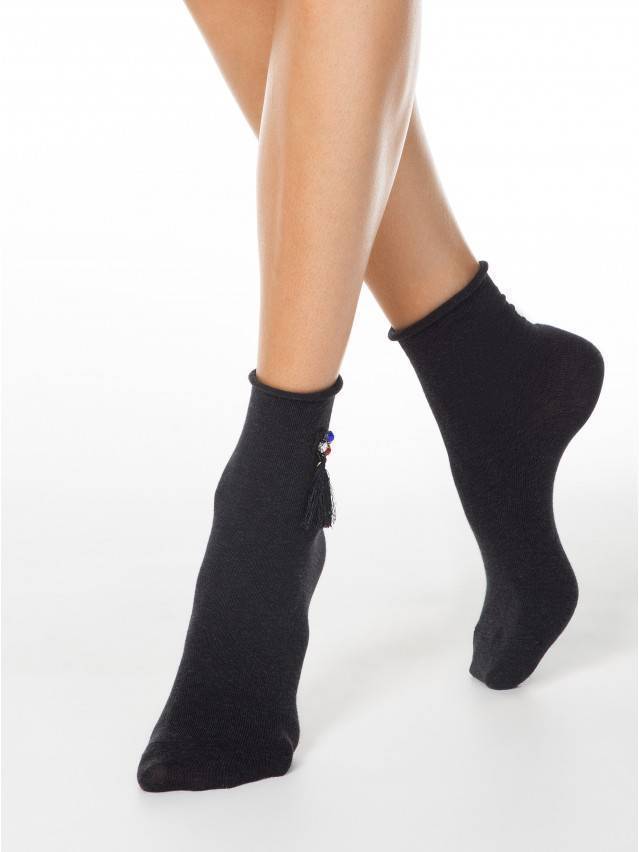 Подовжені фантазійні жіночі шкарпетки з бавовняної меланжевої пряжі, без резинки, з декоративними елементами, однотонні. - 1