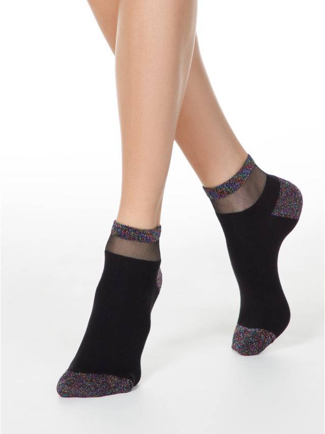 Укорочені жіночі шкарпетки з бавовни з різнокольорового люрекса, с прозрачной сєткой на паголенке. - 1