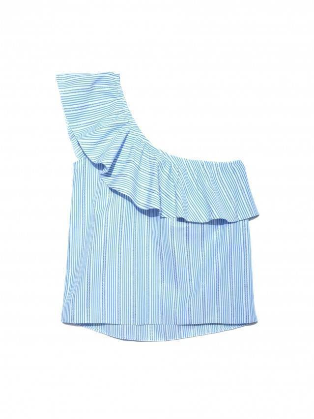 Блуза жіноча з текстильної тканини в смужку. Верх виробу фіксується на одне плече і оздоблений широким воланом. - 5
