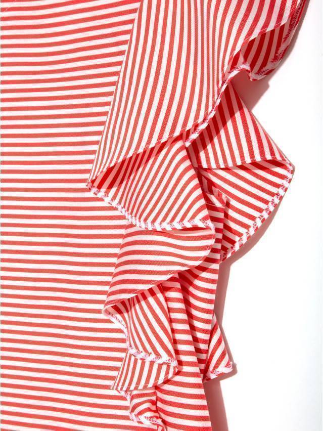 Блуза жіноча з текстильної тканини в смужку без рукавів. Горловина кругла оздоблена окантовкою. По верху блузи в області плеча - 3