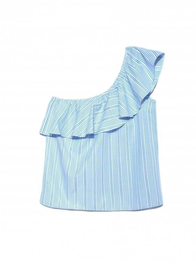 Блуза жіноча з текстильної тканини в смужку. Верх виробу фіксується на одне плече і оздоблений широким воланом. - 4