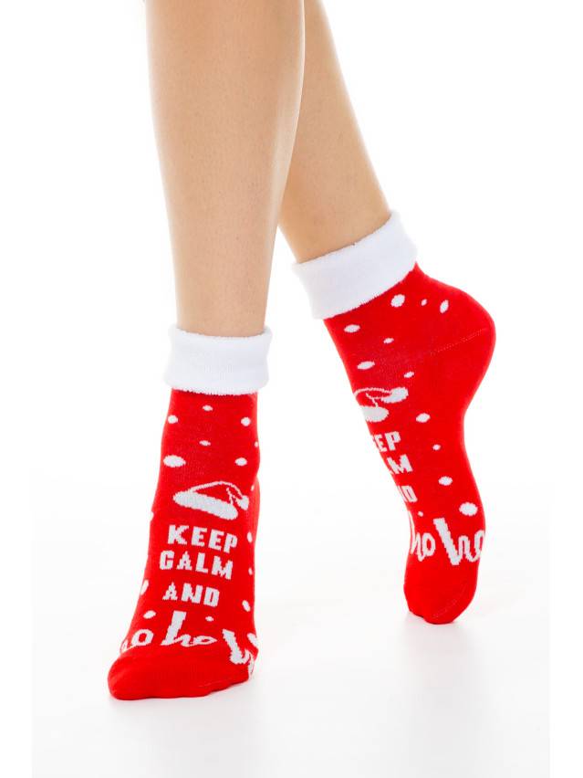 Теплі комфортні жіночі шкарпетки з бавовни , з махровою стопою і махровим відворотом, з люрексом, з малюнками з новогодноью - 1