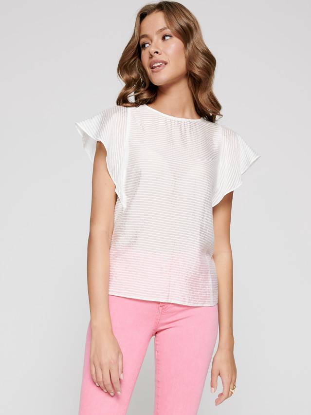 Блуза жіноча з текстильної тканини. Горловина кругла оброблена окантовкою застроченою на виворотну сторону. По переду і спинці - 1