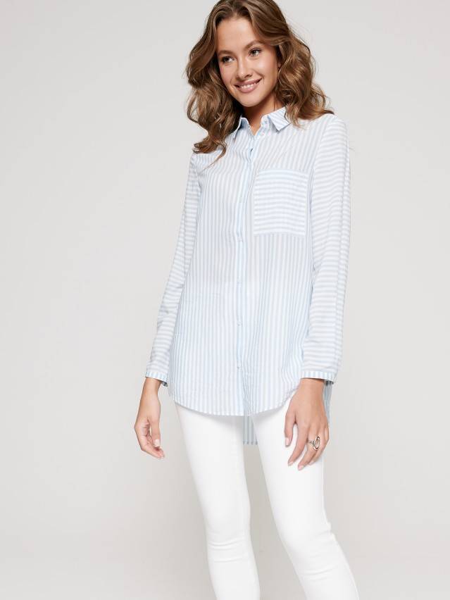 Блуза жіноча з текстильної тканини в смужку з довгим втачним рукавом і манжетам по низу. У виробі подвійна кокетка. По переду з лівого - 3