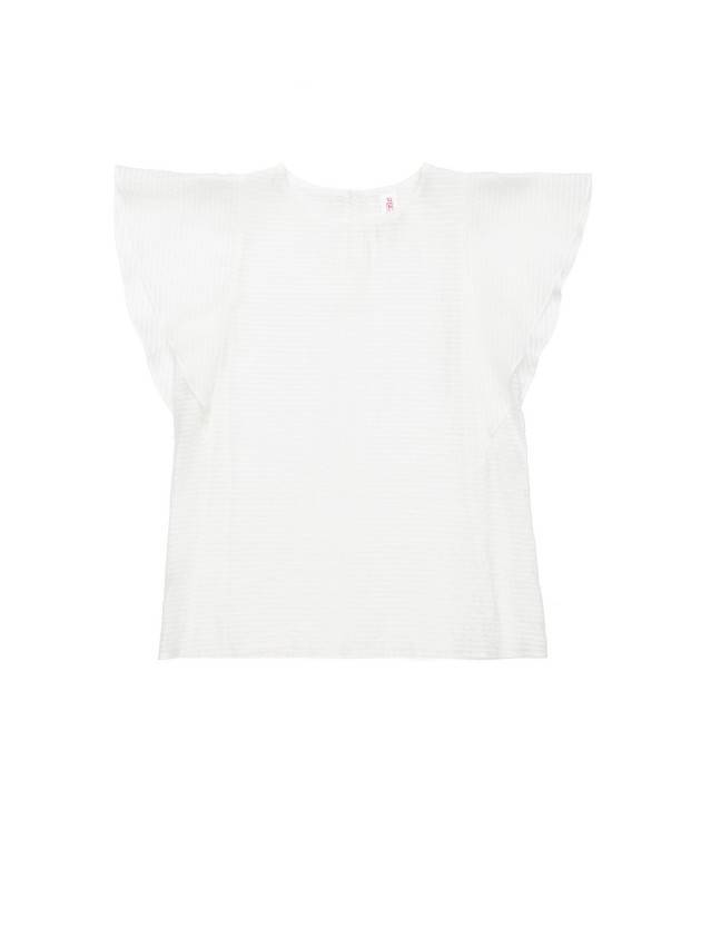 Блуза жіноча з текстильної тканини. Горловина кругла оброблена окантовкою застроченою на виворотну сторону. По переду і спинці - 3