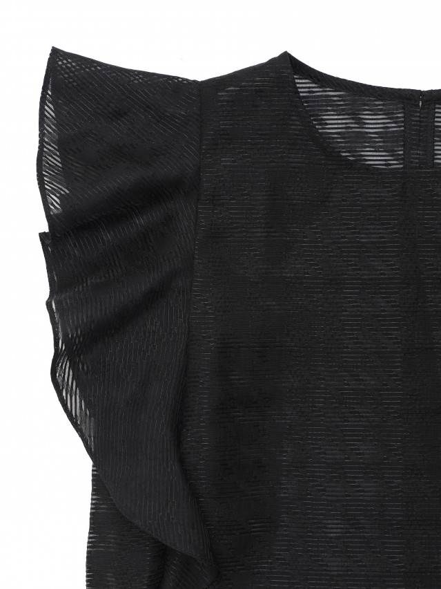 Блуза жіноча з текстильної тканини. Горловина кругла оброблена окантовкою застроченою на виворотну сторону. По переду на спинці - 7