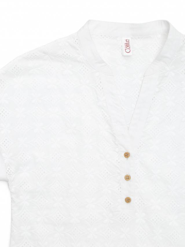 Блуза жіноча із текстільной ткані, комбінована с коротким втачним рукавом. По переду планка с застібкой на 3 пгудзика. - 6