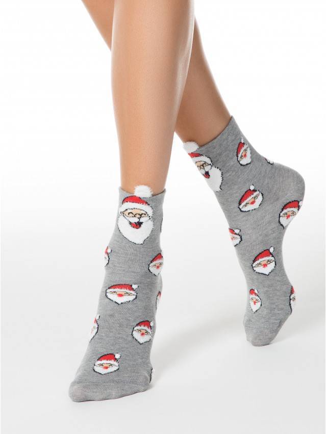 Жіночі шкарпетки з бавовни, з пикотом. Малюнки вив'язані з використанням об'ємної пухнастої нитки, з новорічною тематикою. - 1